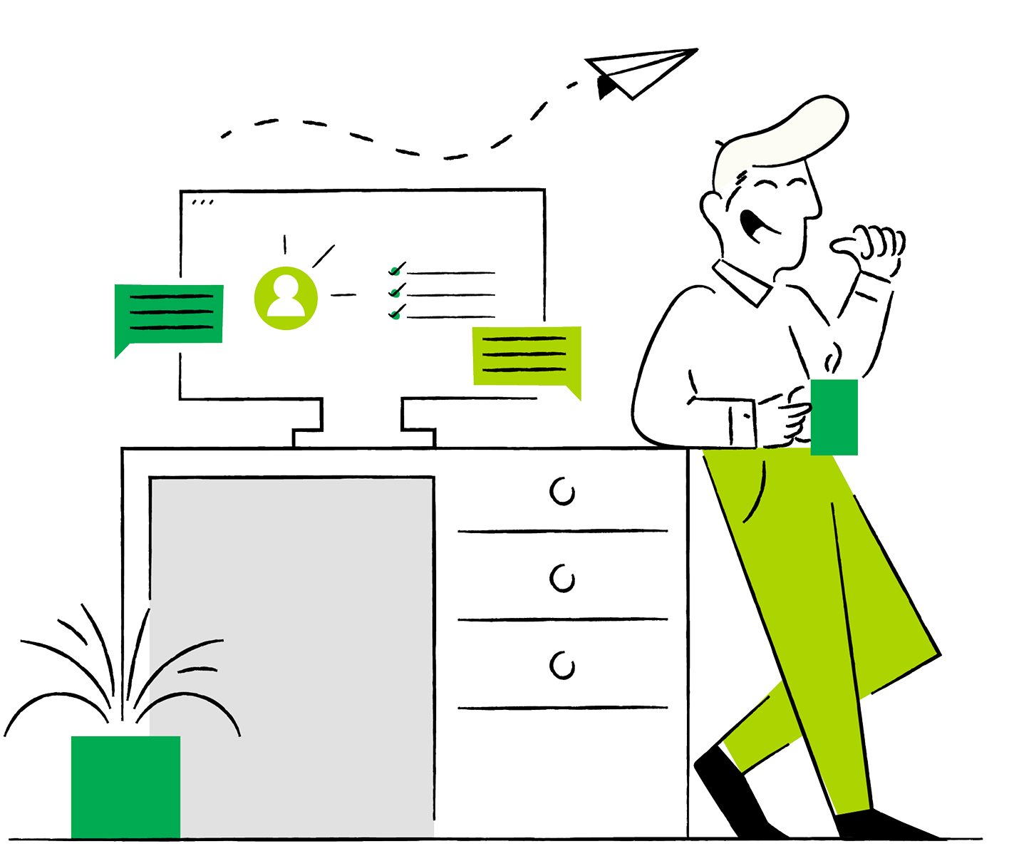 Illustration of a person at a desk sending a message, surrounded by chat and checklist icons